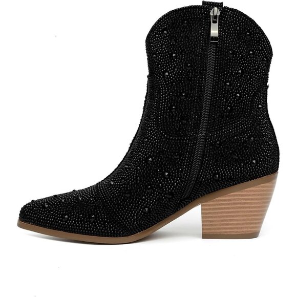 Women Black Rhinestone Western Cowboy Boots Pointed Toe Mid Heel Fashion - Picture 2 of 8